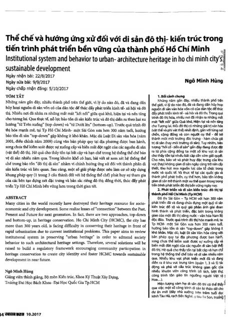 Thể chế và hướng ứng xử đối với di sản đô thị - kiến trúc trong tiến trình phát triển bền vững của thành phố Hồ Chí Minh =$bInstitutionational system and behavior to urban - architecture heritage in Ho Chi Minh city's sustainable development