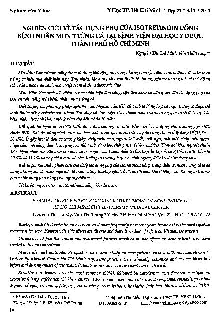 Nghiên cứu về tác dụng phụ của isotretinoin uống bệnh nhân mụn trứng cá tại bệnh viện đại học y dược thành phố Hồ Chí Minh