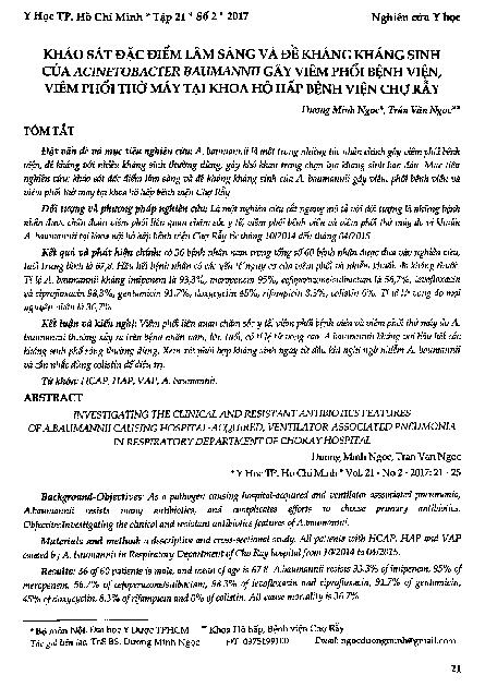 Khảo sát đặc điểm lâm sàng và đề kháng kháng sinh của acinetobacter baumannii gây viêm phổi bệnh viện, viêm phổi thở máy tại khoa hô hấp bệnh viện chợ rẫy