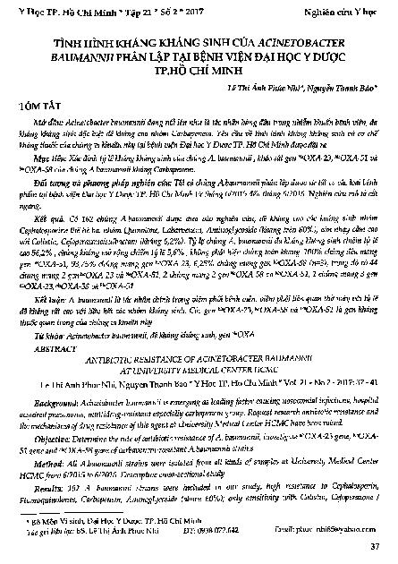 Tình hình kháng kháng sinh của acinetobacter baumannii phân lập tại bệnh viện đại học Y dược TP. Hồ Chí Minh