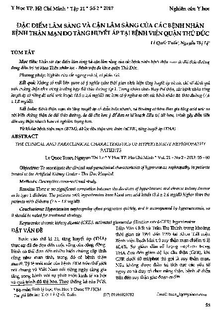 Đặc điểm lâm sàng và cận lâm sàng của các bệnh nhân bệnh thận mạn do tăng huyết áp tại bệnh viện quận Thủ Đức