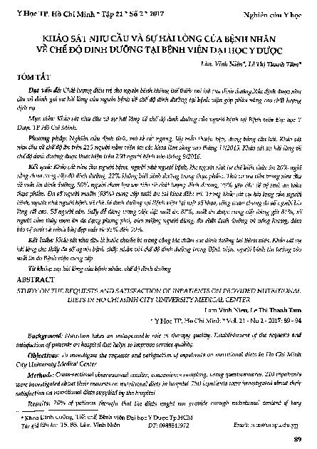Khảo sát nhu cầu và sự hài lòng của bệnh nhân về chế độ dinh dưỡng tại bệnh viện đại học y dược