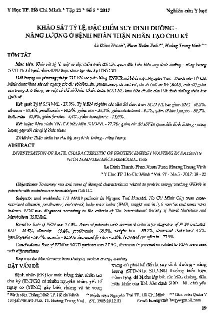 Khảo sát tỉ lệ, đặc điểm suy dinh dưỡng - Năng lượng ở bệnh nhân thận nhân tạo chu kỳ