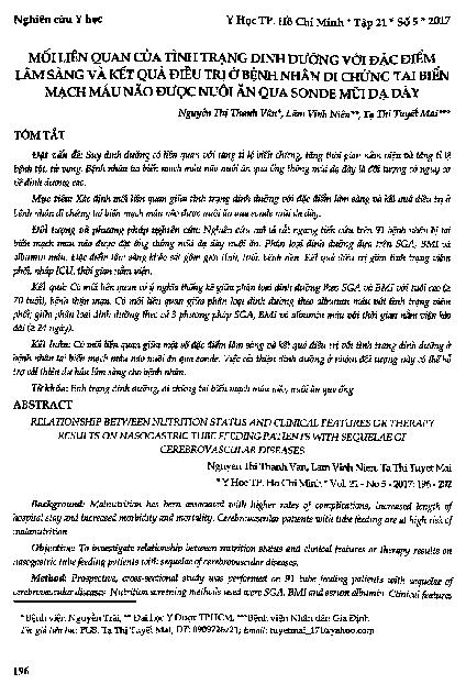 Mối liên quan của tình trạng dinh dưỡng với đặc điểm lâm sàng và kết quả điều trị ở bệnh nhân di chứng tai biến mạch máu não được nuôi ăn qua sonde mũi dạ dày