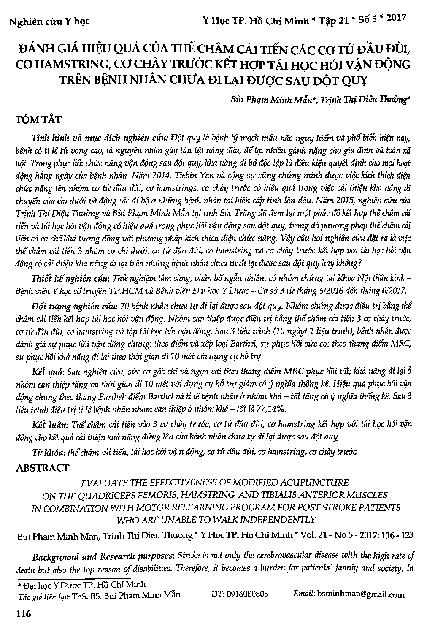 Đánh giá hiệu quả của thể châm cải tiến các cơ tứ đầu đùi, cơ hamstring, cơ chày  trước kết hợp tái học hỏi vận động trên bệnh nhân chưa đi lại được sau đột quỵ