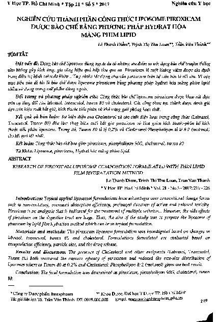 Nghiên cứu thành phần công thức liposome piroxicam được bào chế bằng phương pháp hydrat hóa màng phim lipid