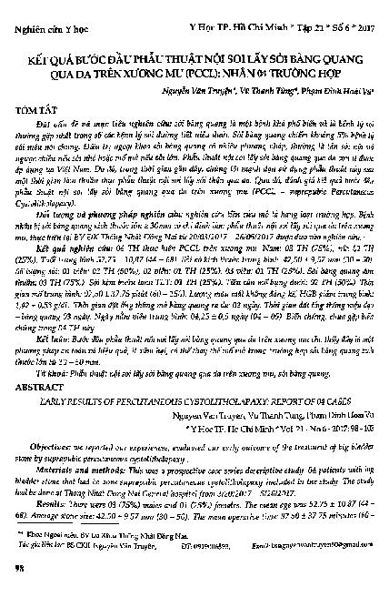Kết quả bước đầu phẫu thuật nội soi lấy sỏi bàng quang da trên xương mu (PCCL) : Nhân 4 trường hợp
