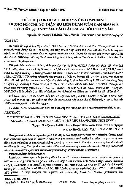 Điều trị corticosteroid và cyclosporine trong hội chứng thận hư liên quan viêm gan siêu vi B có thật sự an toàn ? Báo cáo ca và hồi cứu y văn