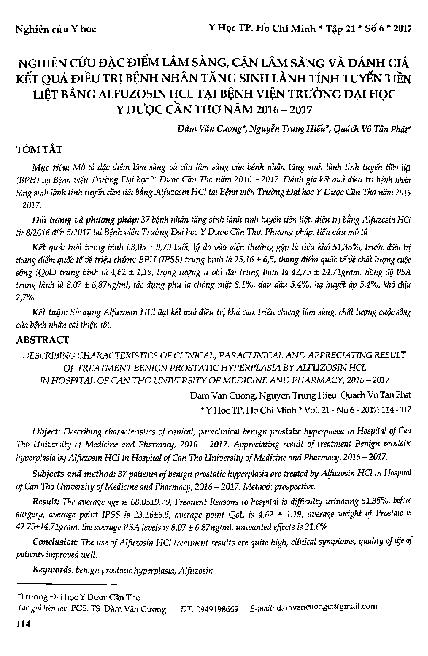 Nghiên cứu đặc điểm lâm sàng, cận lâm sàng và đánh giá kết quả điều trị bệnh nhân tăng sinh lành tính tuyến tiền liệt bằng alfuzosin HCL tại bệnh viện trường đại học y dược Cần Thơ năm 2016 - 2017