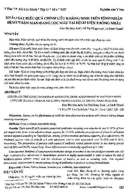 Khảo sát hiệu quả chỉnh liều kháng sinh trên bệnh nhân bệnh thận mạn đang lọc máu tại bệnh viện Thống Nhất