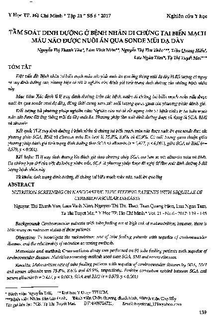 Tầm soát dinh dưỡng ở bệnh nhân di chứng tai biến mạch máu não được nuôi ăn qua sonde mũi dạ dày