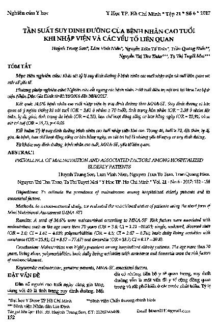 Tần suất suy dinh dưỡng của bệnh nhân cao tuổi khi nhập viện và các yếu tố liên quan