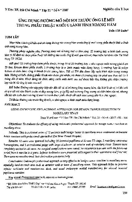 Ứng dụng đường mổ nội soi trước ống lệ mũi trong phẫu thuật khối u lành tính xoang hàm