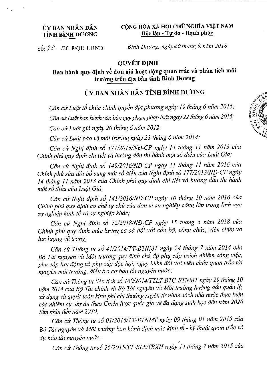 Quyết định số 22/2018/QĐ-UBND Ban hành quy định về đơn giá hoạt động quan trắc và phân tích môi trường trên địa bàn tỉnh Bình Dương