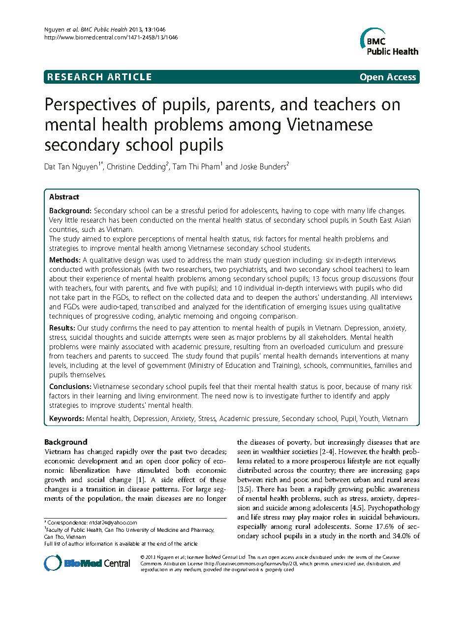 Perspectives of pupils, parents, and teachers on mental health problems among Vietnamese secondary school pupils