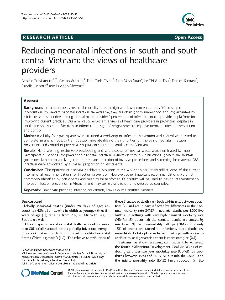 Reducing neonatal infections in south and south central Vietnam: the views of healthcare providers