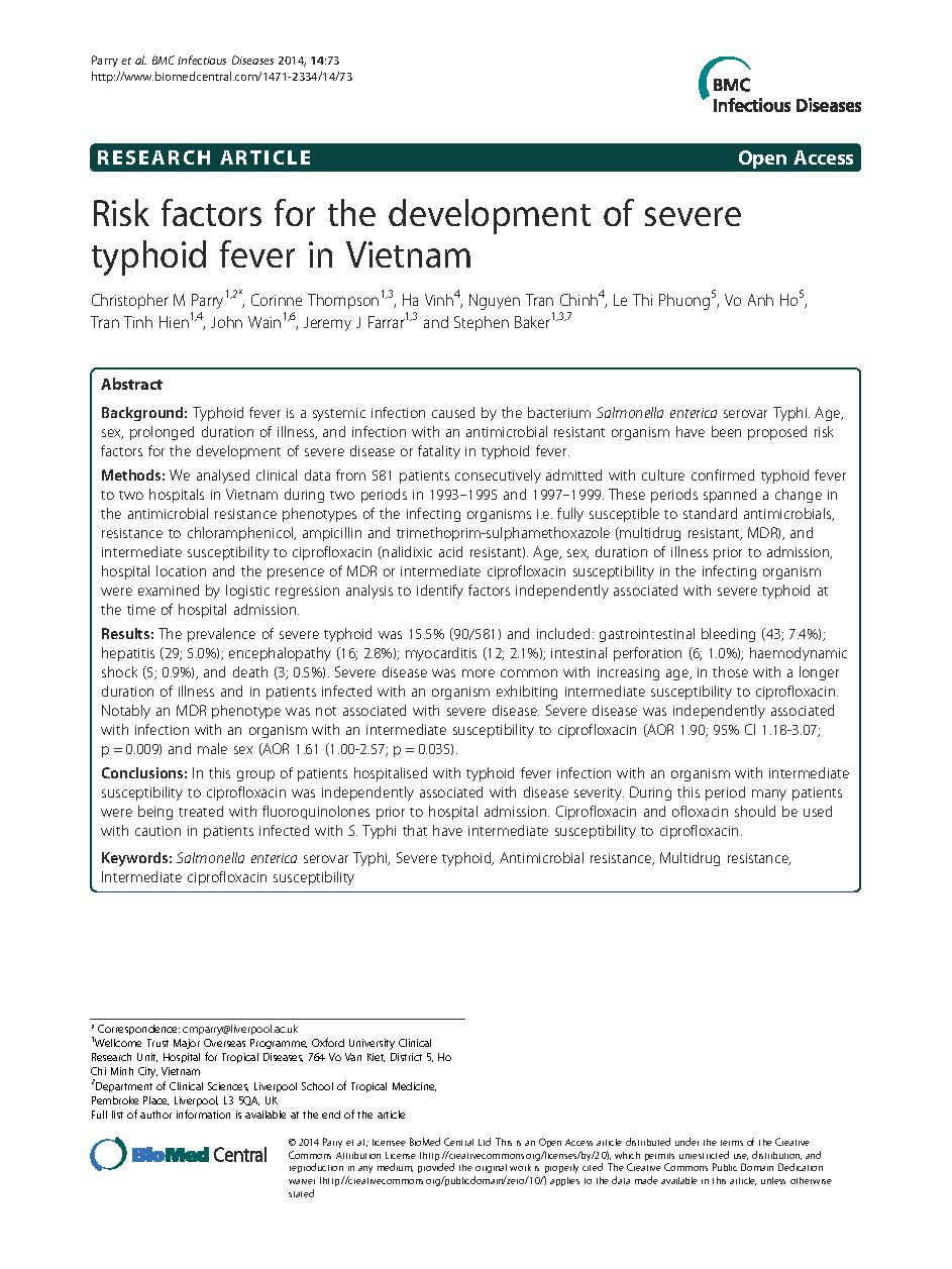 Risk factors for the development of severe typhoid fever in Vietnam