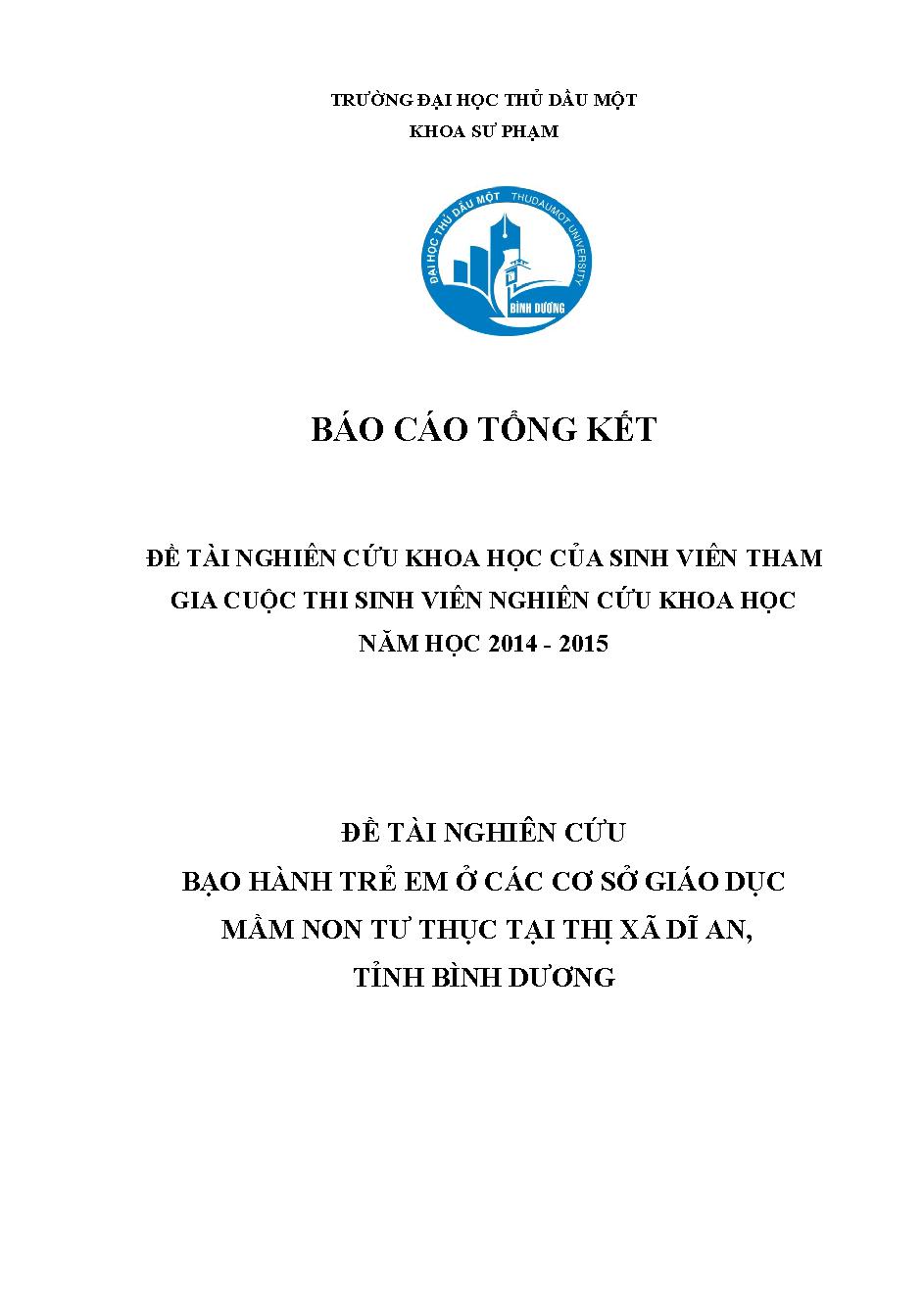 Bạo hành trẻ em ở các cơ sở giáo dục mầm non tư thục tại thị xã Dĩ An, tỉnh Bình Dương