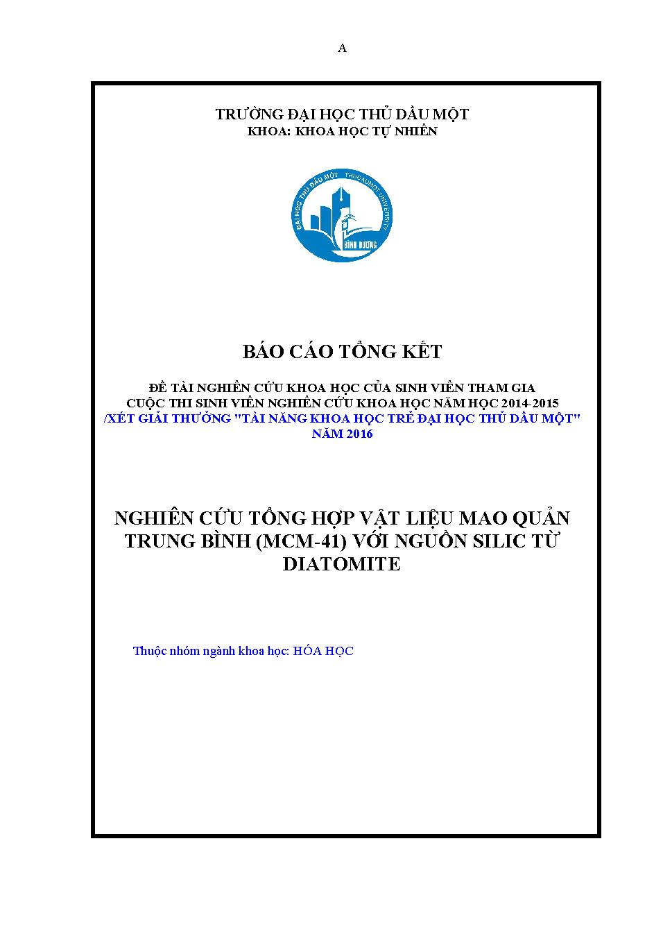 Nghiên cứu tổng hợp vật liệu mao quản trung bình (MCM-41) với nguồn Silic từ Diatomite