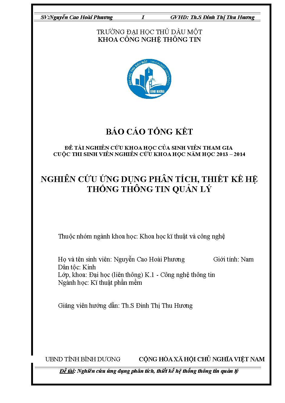 Nghiên cứu ứng dụng phân tích, thiết kế hệ thống thông tin quản lý