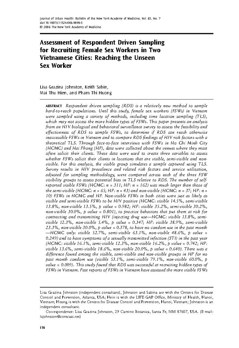 Assessment of Respondent Driven Sampling for Recruiting Female Sex Workers in Two Vietnamese Cities: Reaching the Unseen Sex Worker