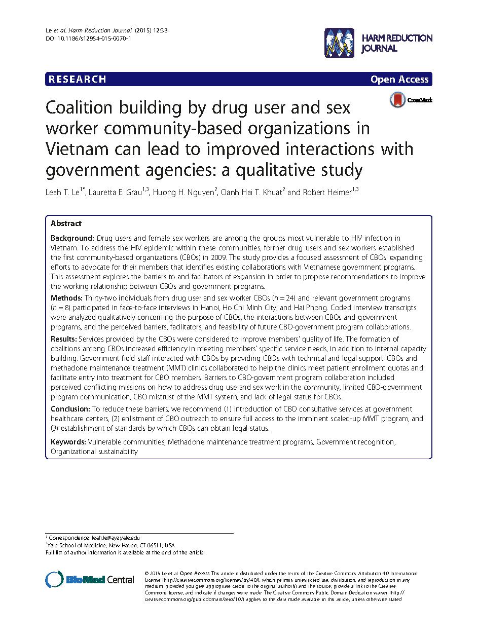 Coalition building by drug user and sex worker community-based organizations in Vietnam can lead to improved interactions with government agencies: a qualitative study