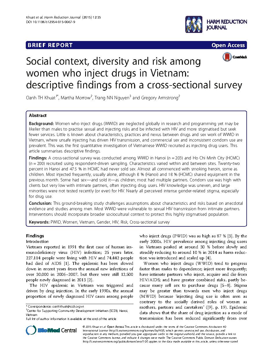 Social context, diversity and risk among women who inject drugs in Vietnam: descriptive findings from a cross-sectional survey