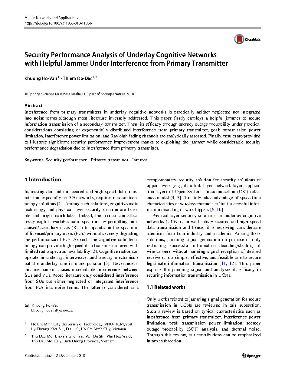 Security Performance Analysis of Underlay Cognitive Networks with Helpful Jammer Under Interference fromPrimary Transmitter