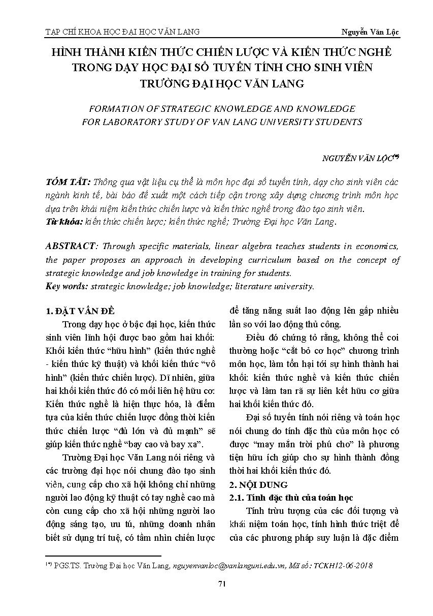 Hình thành kiến thức chiến lược và kiến thức nghề trong dạy học đại số tuyến tính cho sinh viên trường đại học Văn Lang =$bFormation of strategic knowledge and knowledge for laboratory study of  Van Lang university students