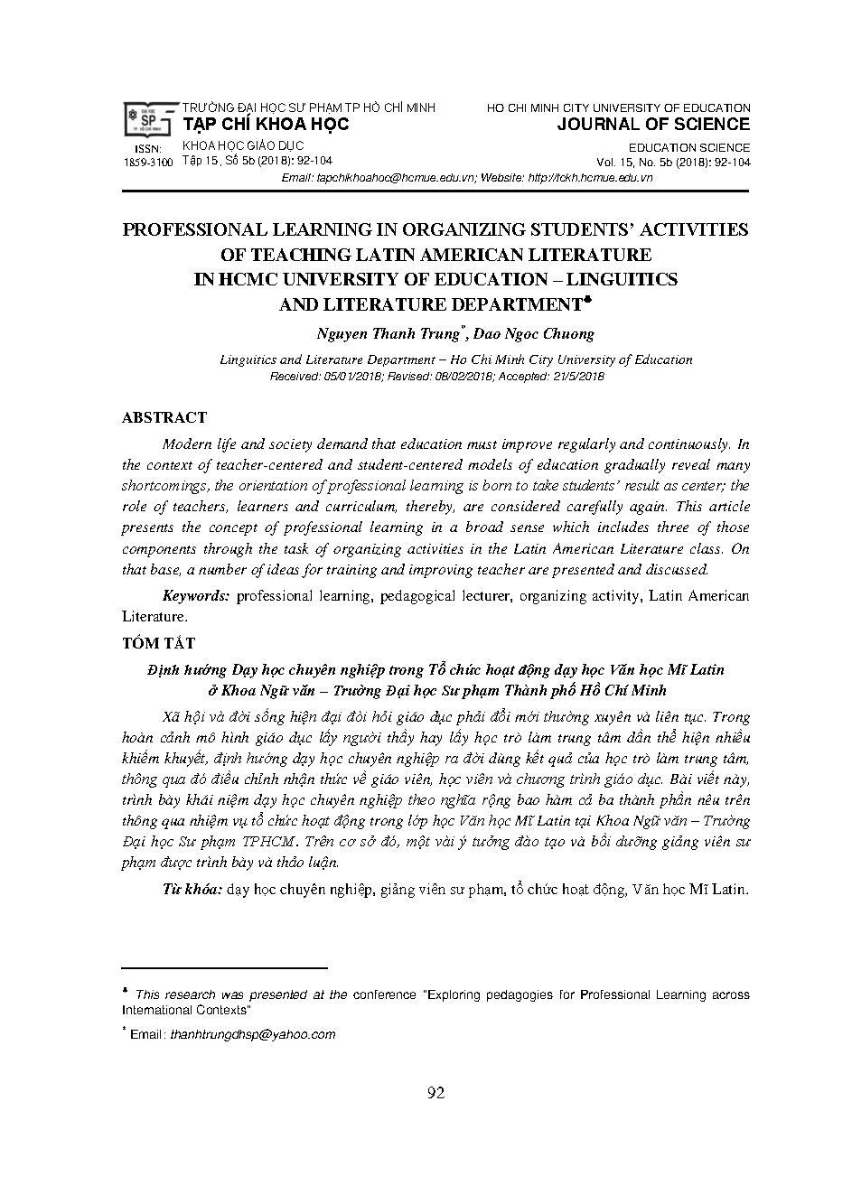 Professional learning in organizing studentsâ€™ activities of teaching latin american literature in hcmc university of education â€“ linguitics and literature department