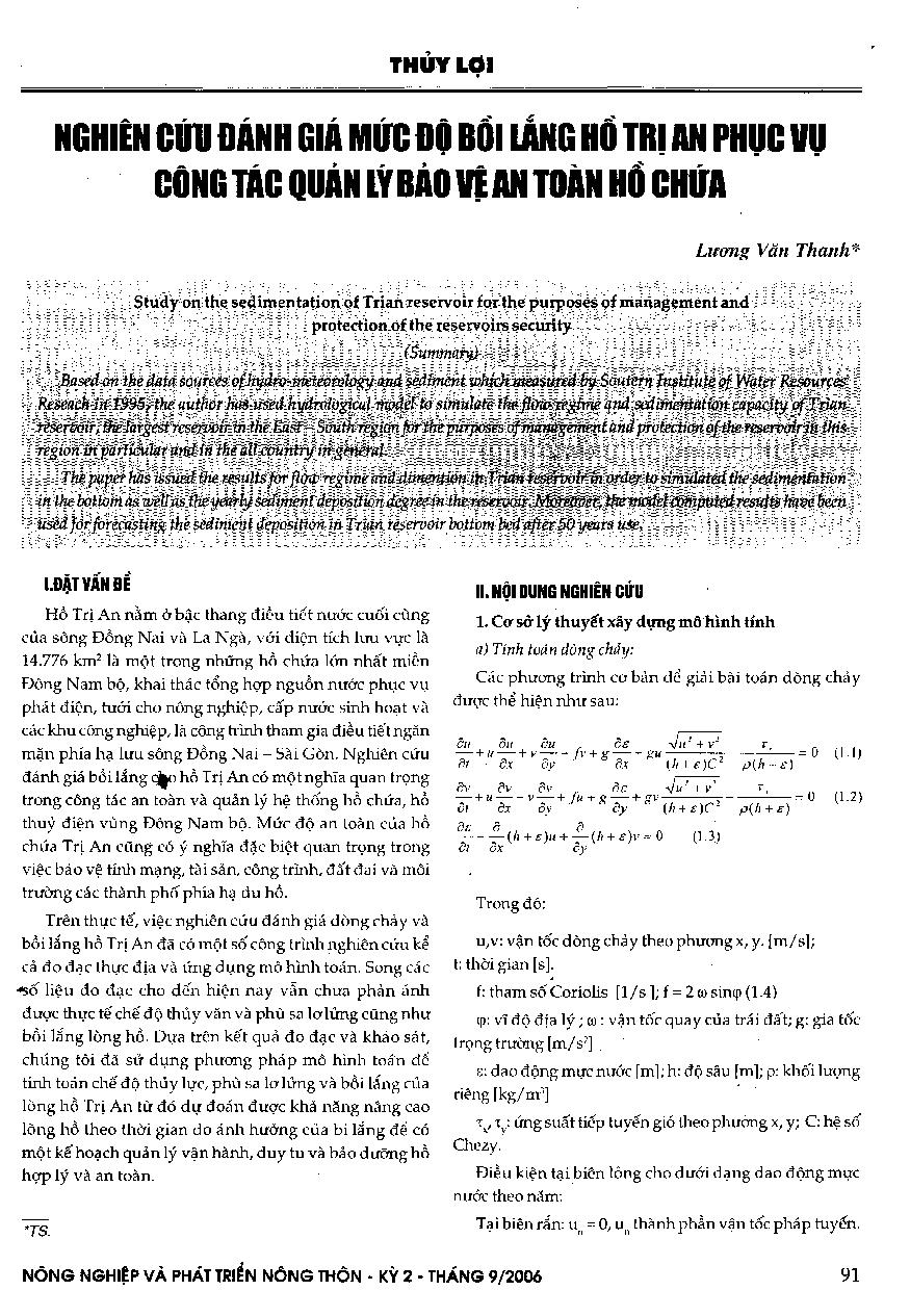 Nghiên cứu đánh giá mức độ bồi lắng hồ Trị An phục vụ công tác quản lý bảo vệ an toàn hồ chứa
