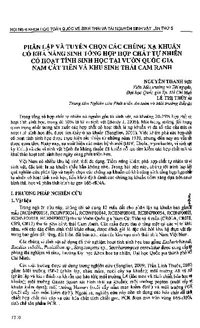 Phân lập và tuyển chọn các chủng xạ khuẩn có khả năng sinh tổng hợp chất tự nhiên có tính chất sinh học tại vườn quốc gia nam Cát Tiên và khu sinh thái Cam Ranh