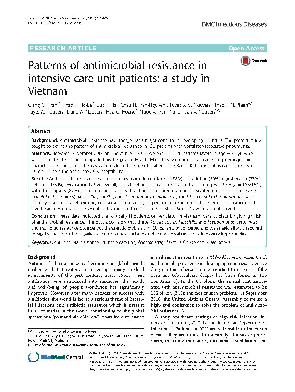 Patterns of antimicrobial resistance in intensive care unit patients: a study in Vietnam