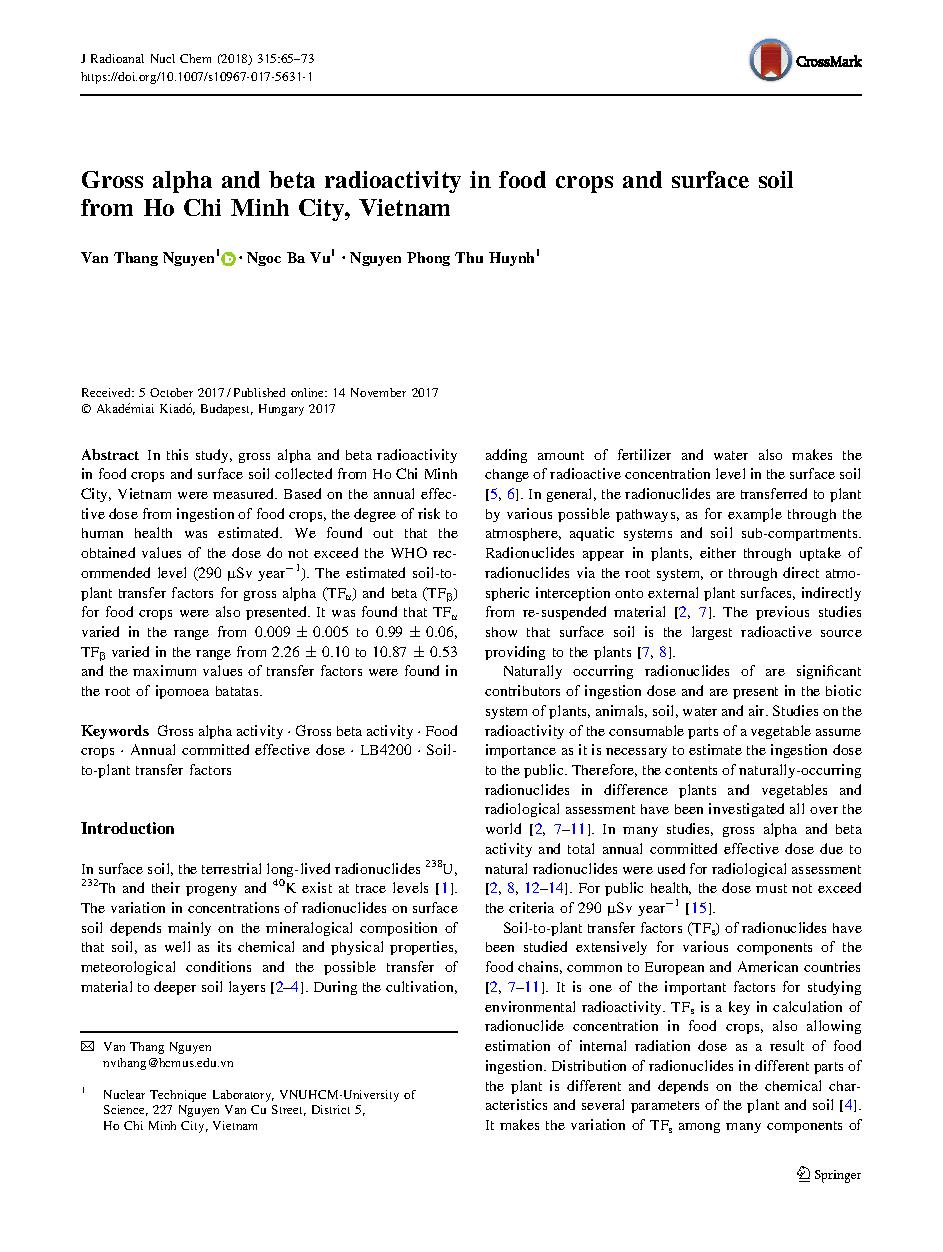 Gross alpha and beta radioactivity in food crops and surface soil from Ho Chi Minh City, Vietnam