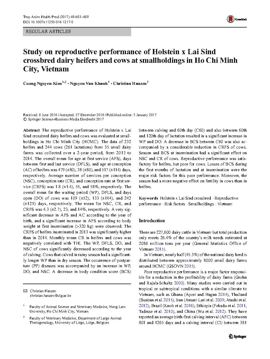 Study on reproductive performance of Holstein x Lai Sind crossbred dairy heifers and cows at smallholdings in Ho ChiMinh City, Vietnam