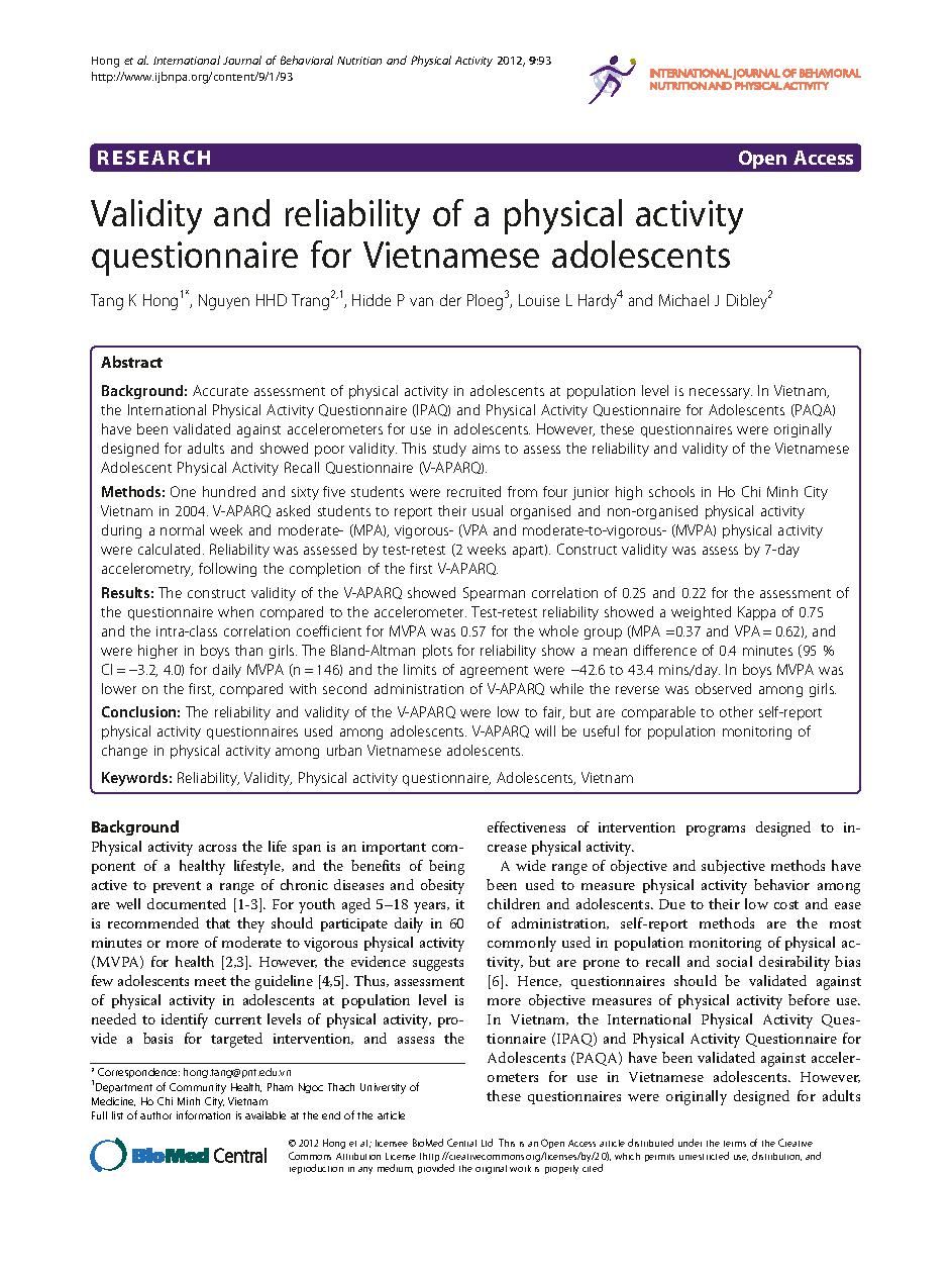 Validity and reliability of a physical activity questionnaire for Vietnamese adolescents