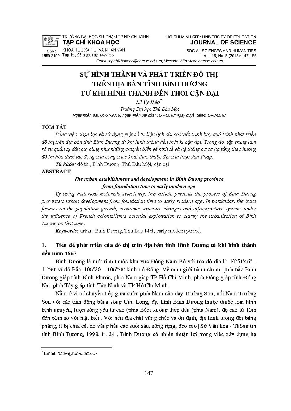 Sự hình thành và phát triển đô thị trên địa bàn tỉnh Bình Dương từ khi hình thành đến thời cận đại