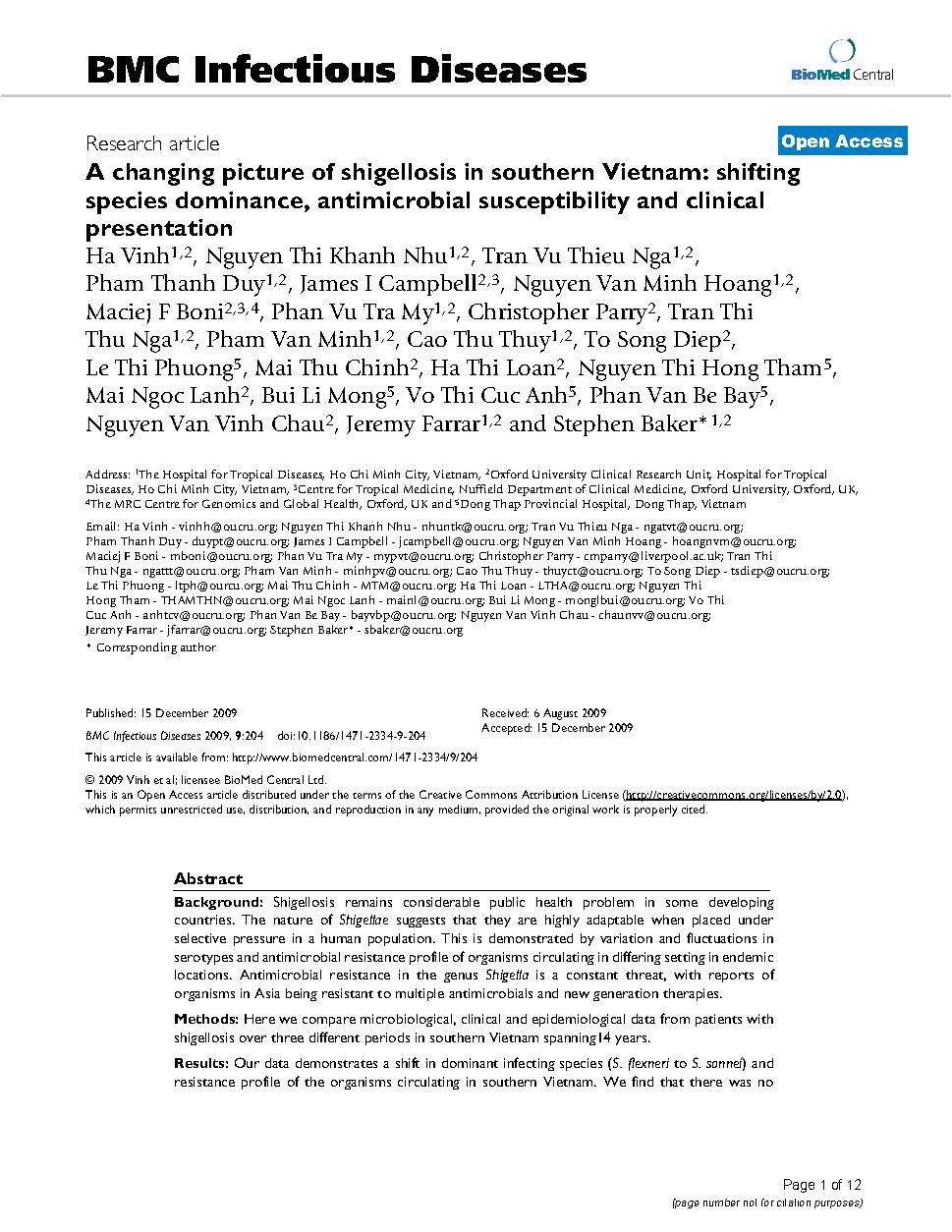 A changing picture of shigellosis in southern Vietnam: shifting species dominance, antimicrobial susceptibility and clinical presentation