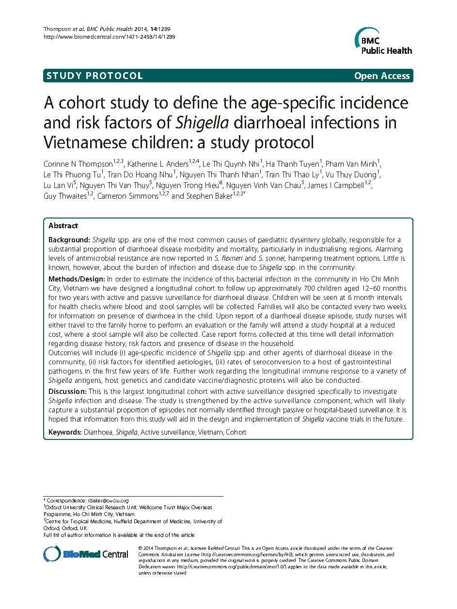 A cohort study to define the age-specific incidence and risk factors of shigella diarrhoeal infections in Vietnamese children: a study protocol