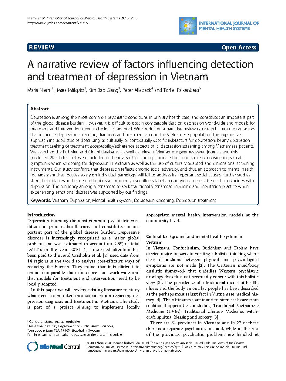 A narrative review of factors influencing detection and treatment of depression in Vietnam