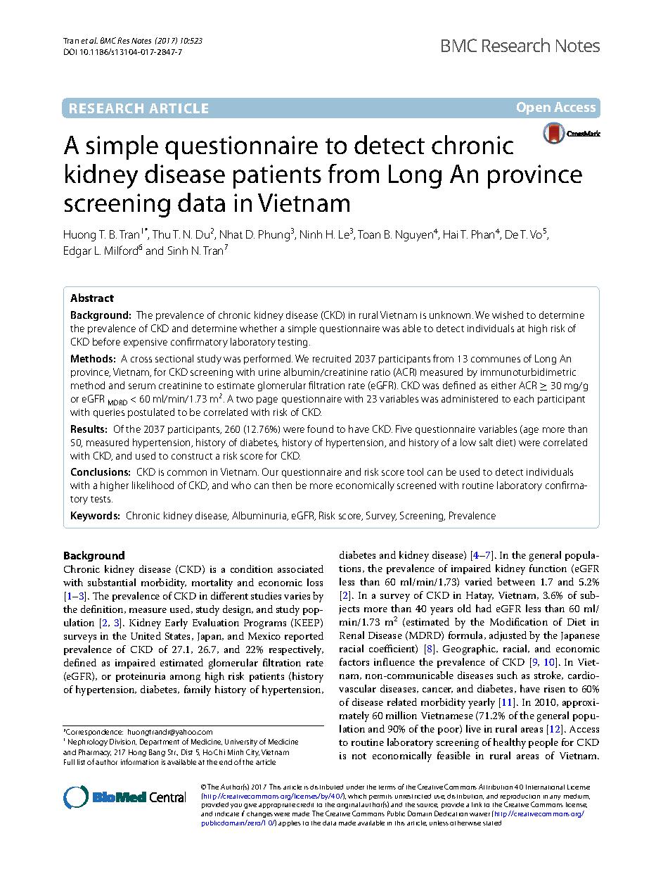 A simple questionnaire to detect chronic kidney disease patients from Long An provin screening data in Vietnam