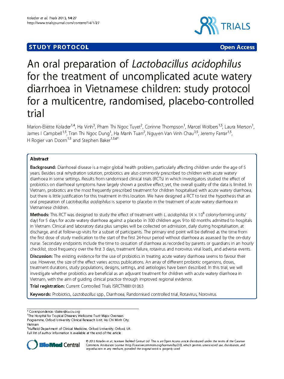 An oral preparation of Lactobacillus acidophilus for the treatment of uncomplicated acute watery diarrhoea in Vietnamese children: study protocol for a multicentre, randomised, placebo-controlled trial