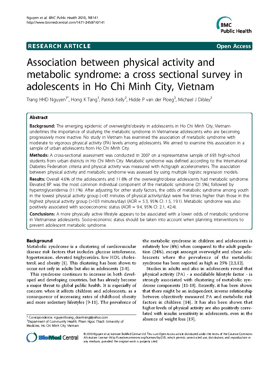 Association between physical activity and metabolic syndrome: a cross sectional survey in adolescents in Ho Chi Minh City, Vietnam