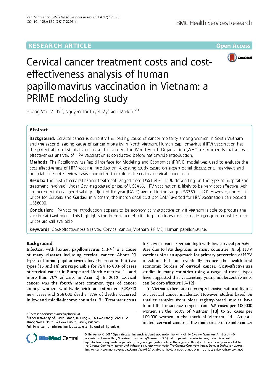 Cervical cancer treatment costs and cost-effectiveness analysis of human papillomavirus vaccination in Vietnam: a PRIME modeling study