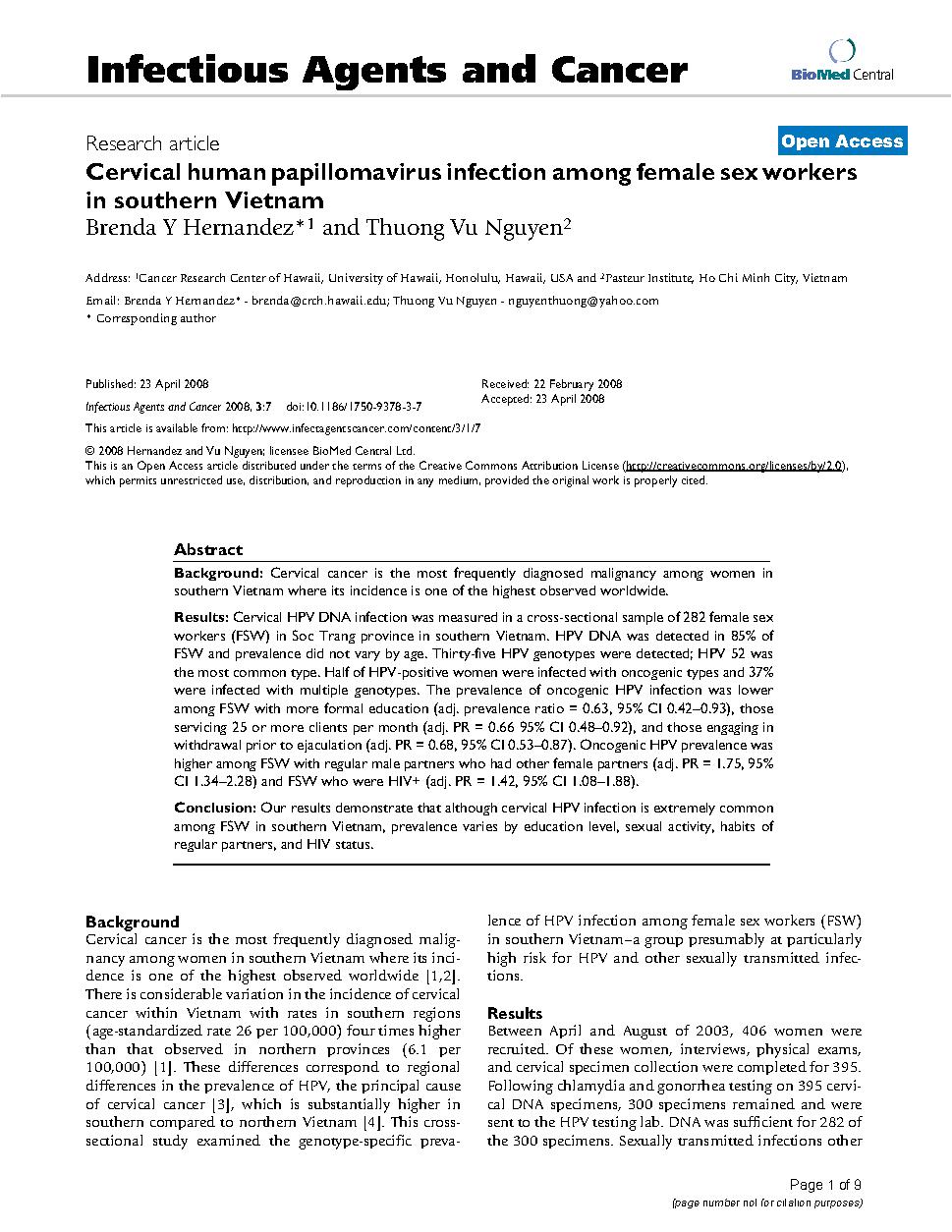 Open Acc Research article Cervical human papillomavirus infection among female sex workers in southern Vietnam