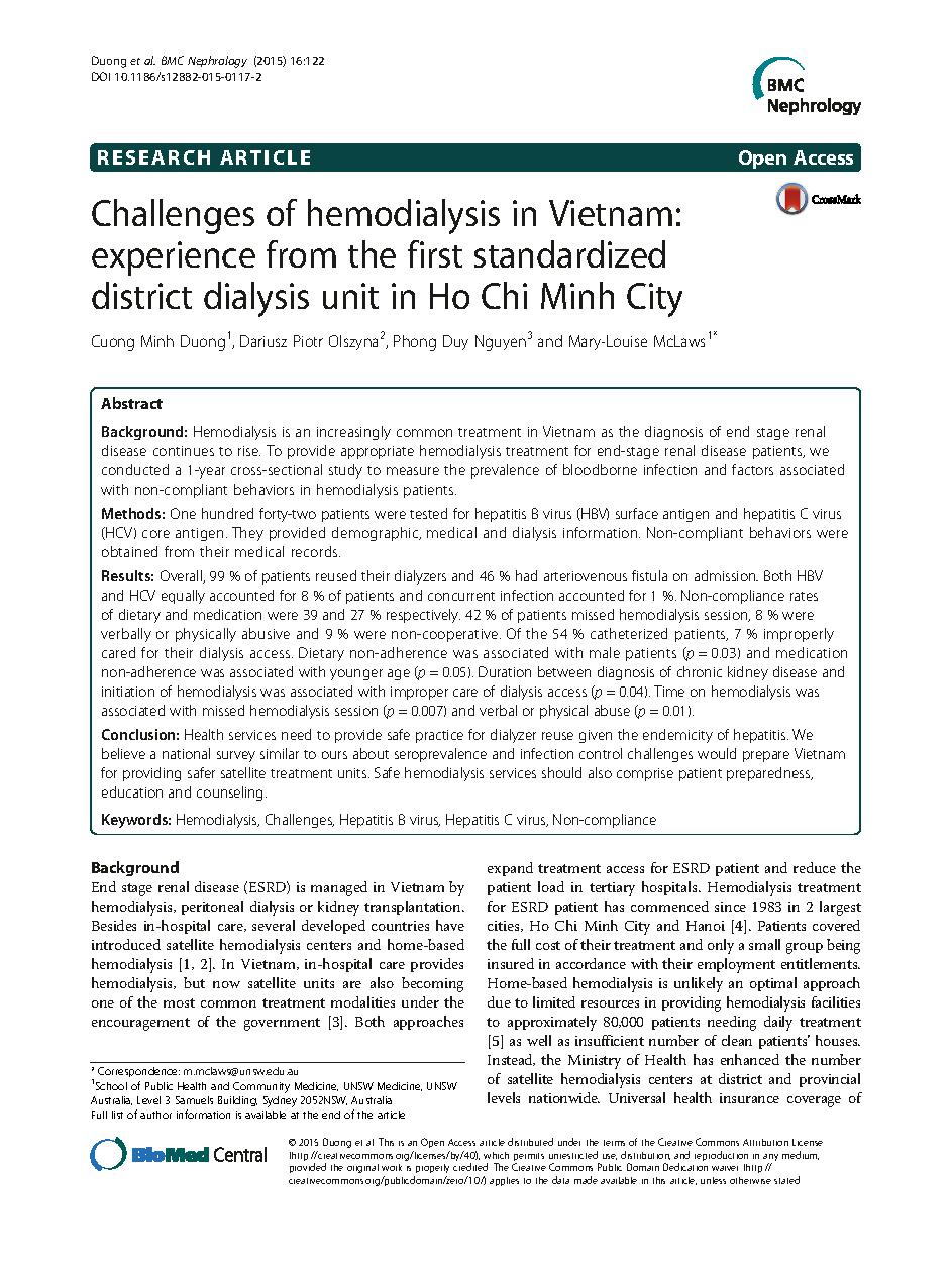 Challenges of hemodialysis in Vietnam: Experience from the first standardized district dialysis unit in Ho Chi Minh City