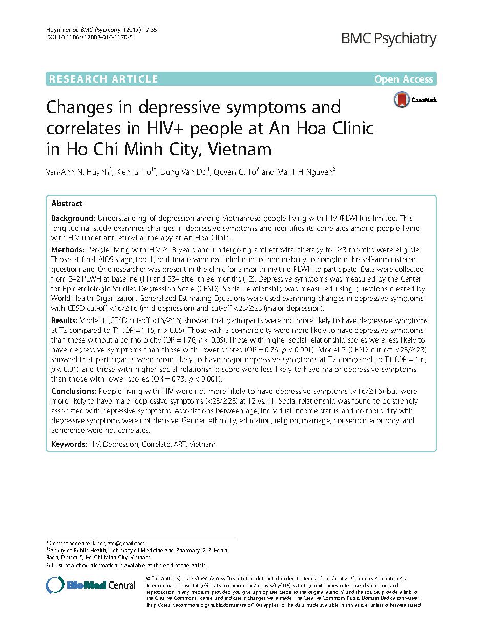 Changes in depressive symptoms and correlates in HIV+ people at An Hoa Clinic in Ho Chi Minh City, Vietnam