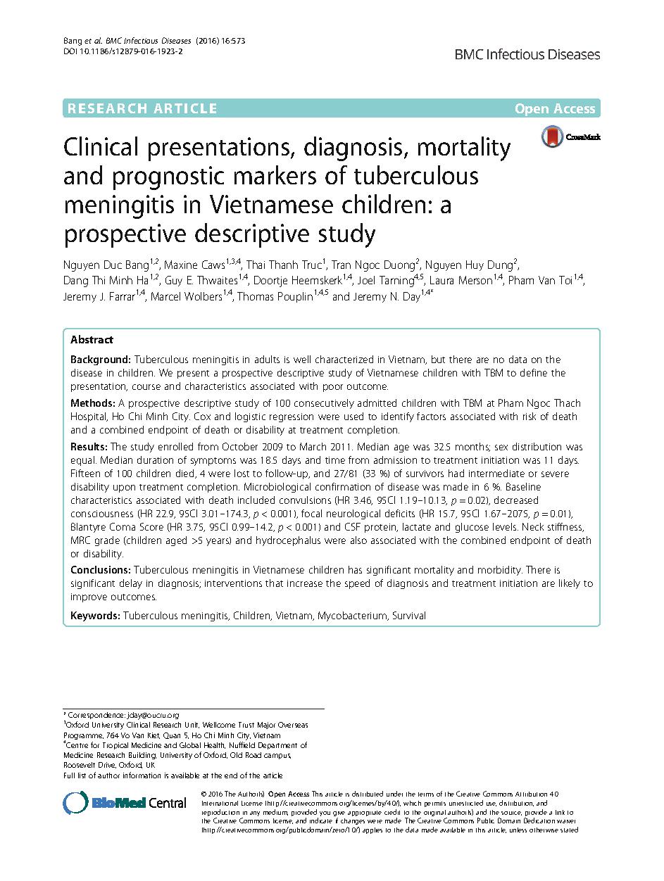 Clinical presentations, diagnosis, mortality and prognostic markers of tuberculous meningitis in Vietnamese children: aprospective descriptive study