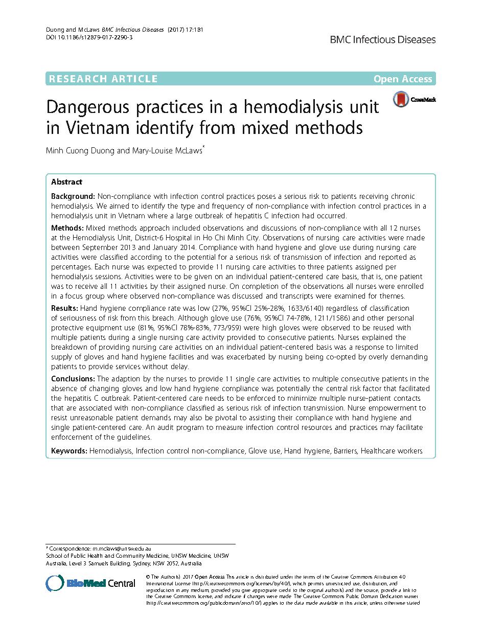 Dangerous practices in a hemodialysis unit in Vietnam identify from mixed methods