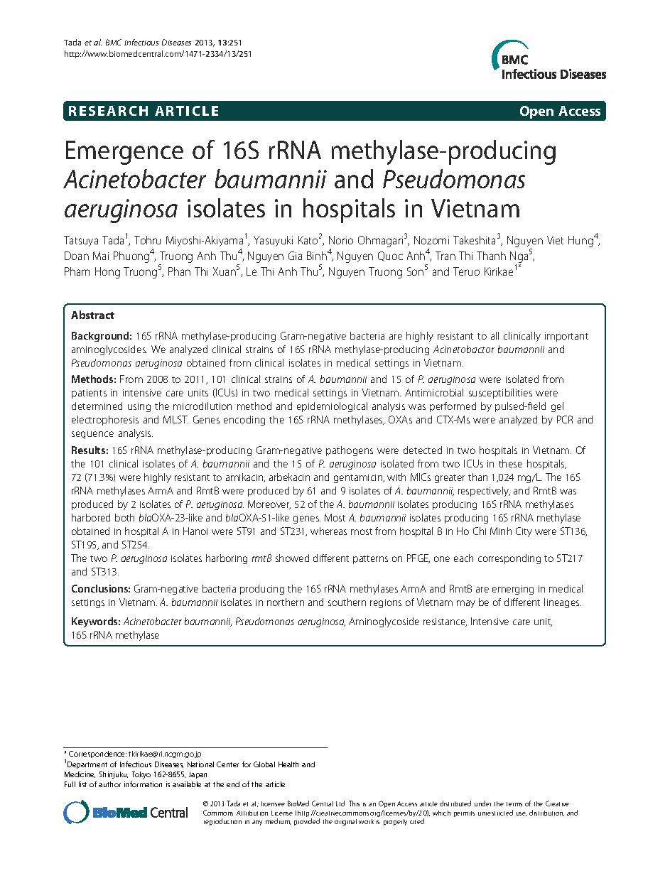 Emergence of 16S rRNA methylase-producing Acinetobacter baumannii and Pseudomonas aeruginosa isolates in hospitals in Vietnam